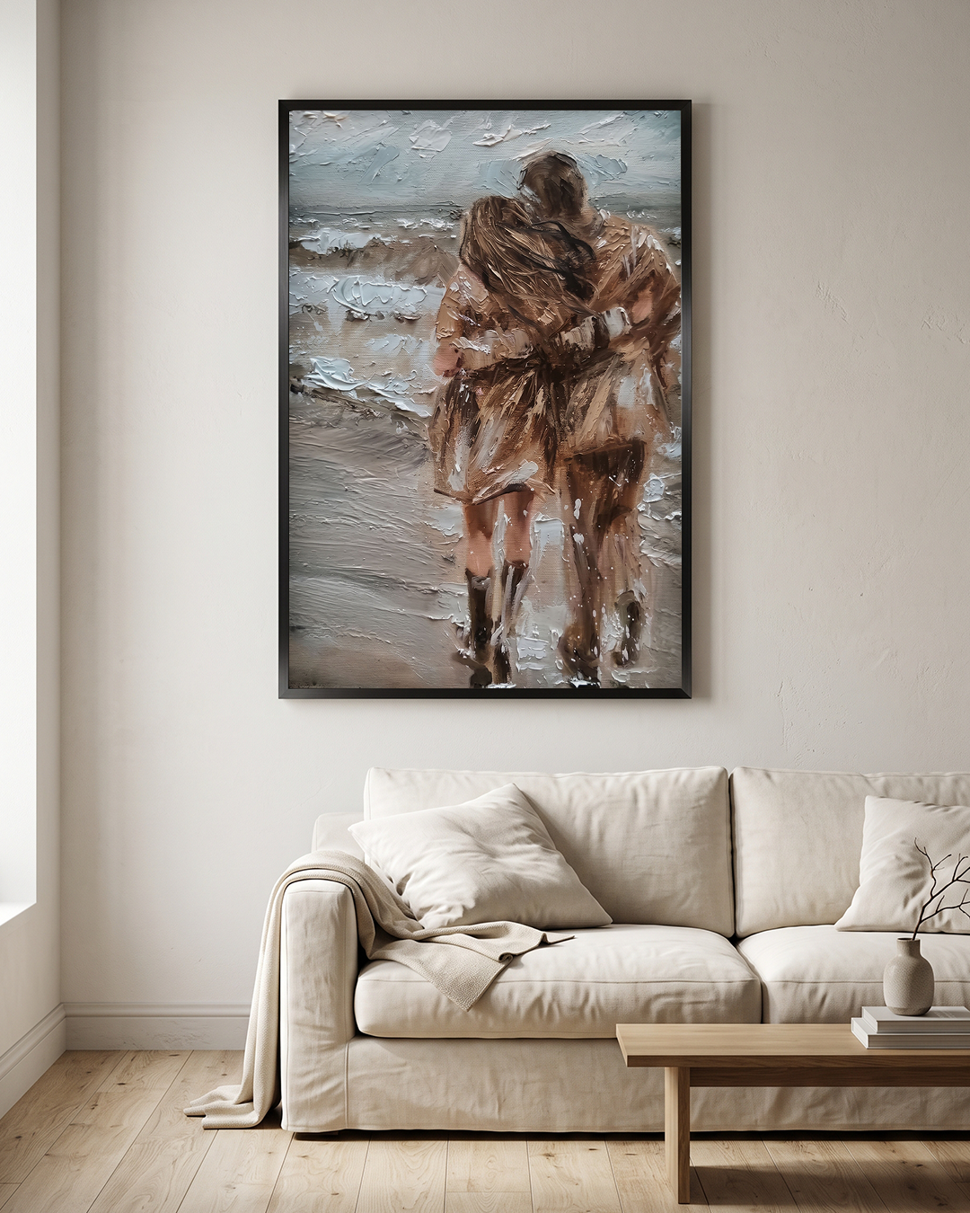 Romantic Couple Beach Walk - Impasto Oil Paint Style Wall Art