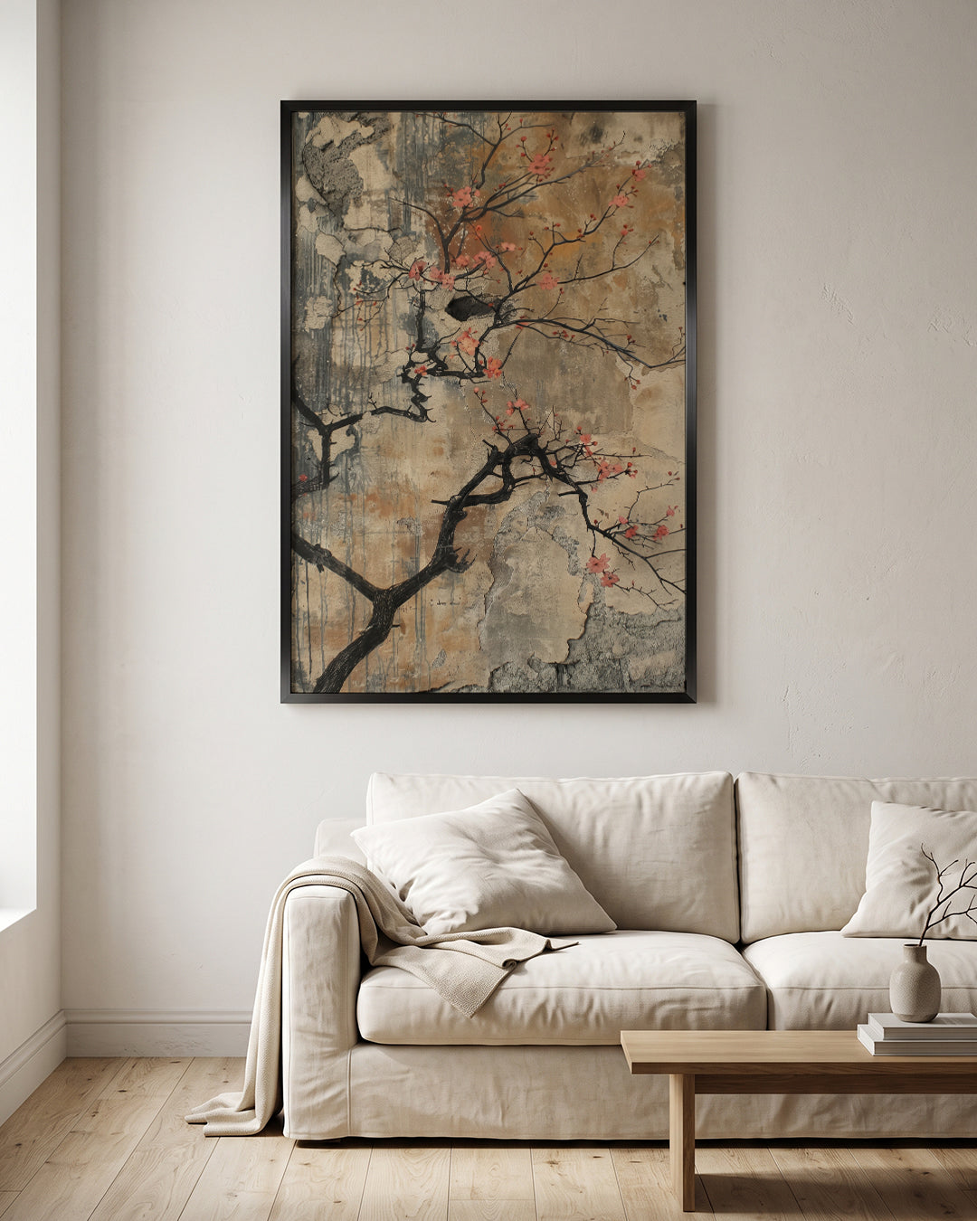 Cherry Blossom Branch Weathered Wall Chinoiserie Wall Art Canvas