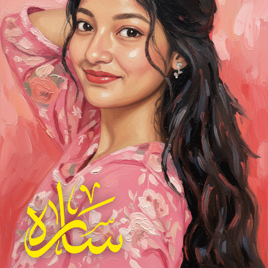 A stylized painted portrait of a woman with long dark hair, wearing a pink floral top against a pink background, with yellow Arabic script overlaid near the lower left.